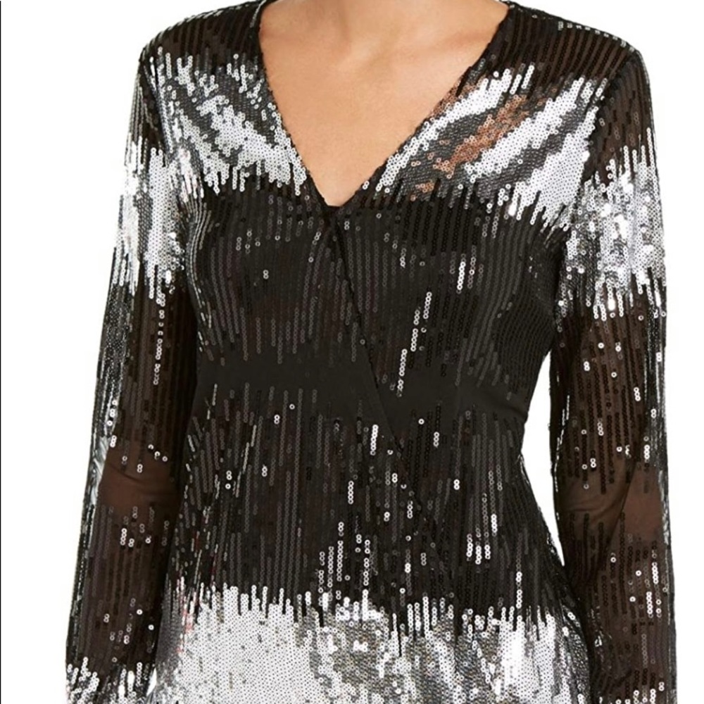 INC Women’s Black Sequined Printed Long Sleeve V Neck Blouse Size L